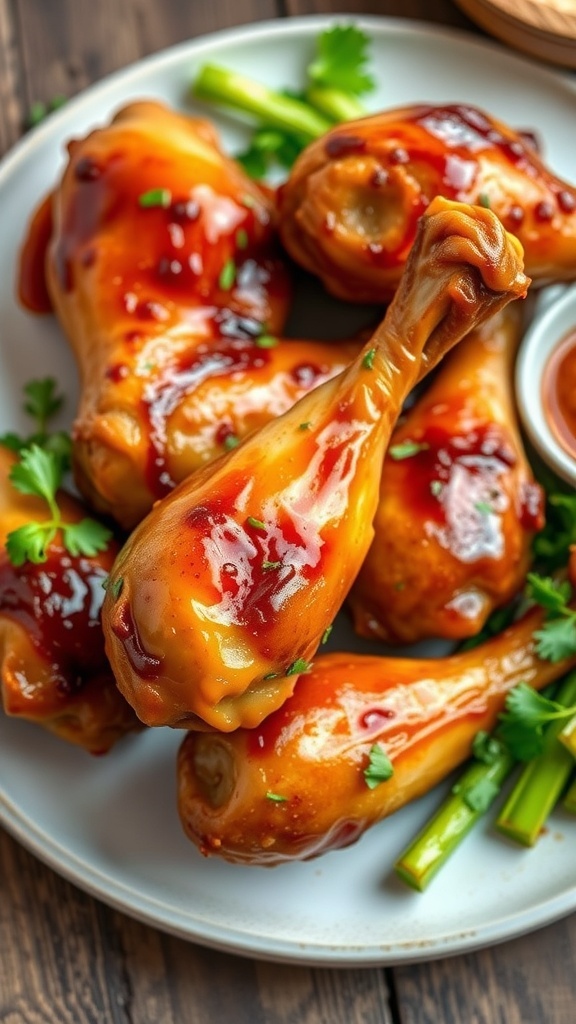 Golden brown chicken drumsticks garnished with herbs, served with vegetables on a rustic table.